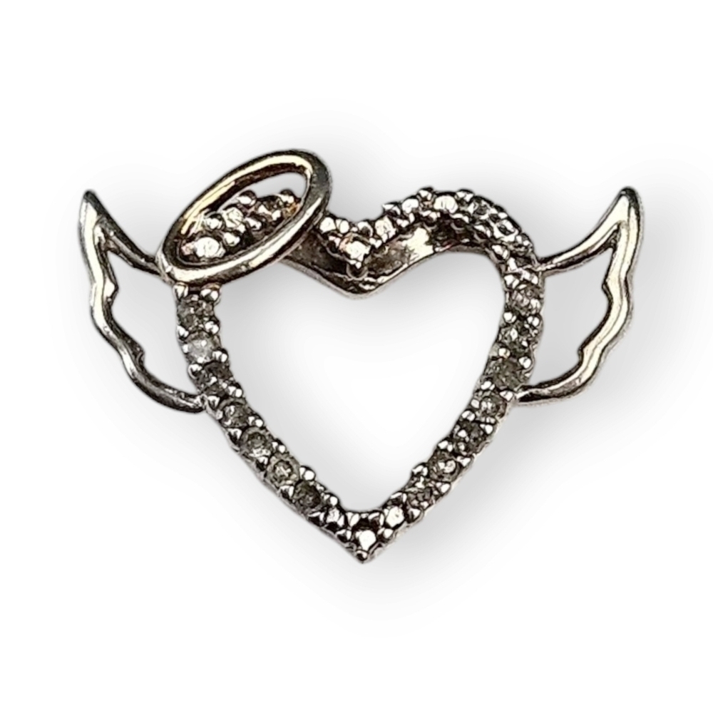 Diamond Angel Heart Pendant Sterling Gold Plated Halo Wings 925 Silver FLAW 3/4"